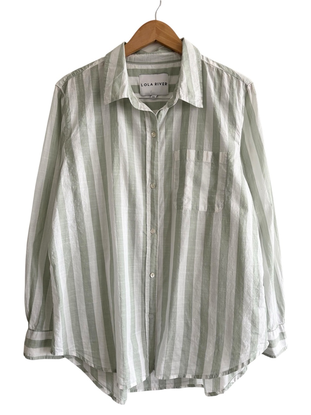 Lola River 100% Cotton Light Sage & White Striped Button Down Shirt